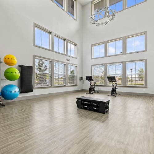 A spacious room for aerobics and yoga in the fitness center at Integra Trails in Cocoa, Florida
