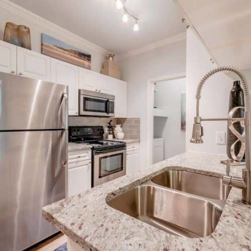 Kitchen with stainless-steel sink setup along with a retractable faucet at Wildwood Creek in Grapevine,Texas