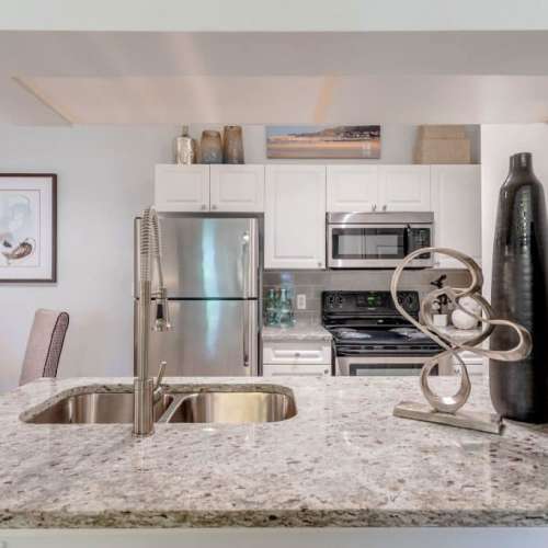 Apartment kitchen with granite countertop and latest appliances at Wildwood Creek in Grapevine,Texas