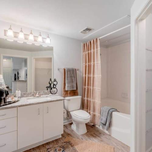 Comfortable apartment bathroom with wood-style flooring at Wildwood Creek in Grapevine,Texas