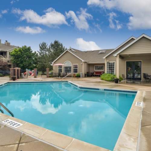 Pool view of the building at GrandView @ Flatirons in Louisville, Colorado