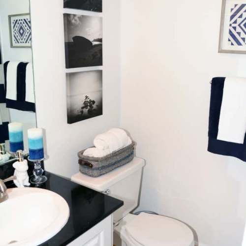 Bathroom with toiletries at Ludlam Point in Miami, Florida