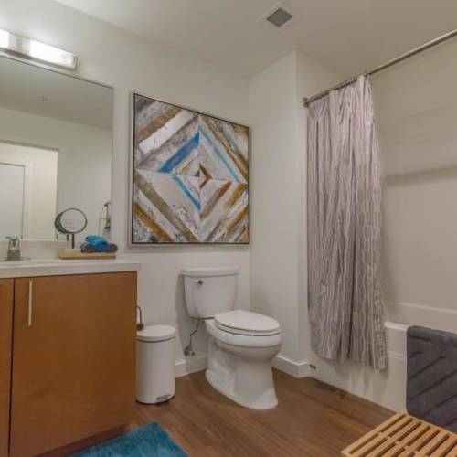 Bright bathroom at Linden in Portland, Oregon