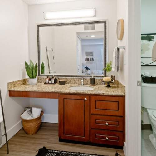 Bathroom with mirror at Sullivan's Ridge in Portland, Oregon