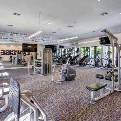Fully equipped gym at Club Prado in West Miami, Florida