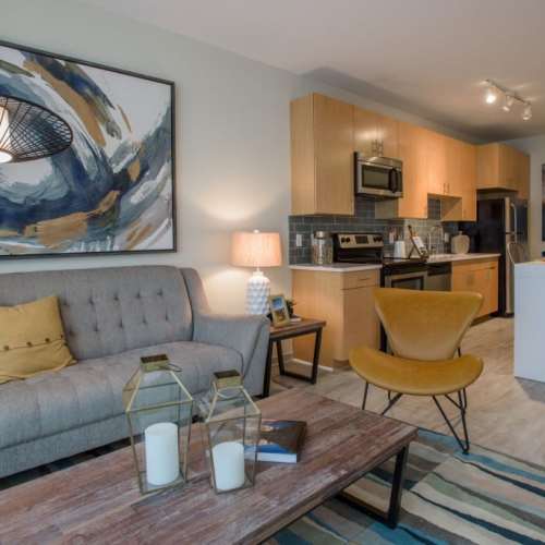 Living room and kitchen at LoHi Gold in Denver, Colorado