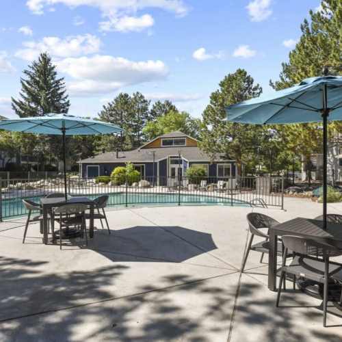 Beautiful view of pool and lounge seating at Walker Landing in Aurora, Colorado,  
