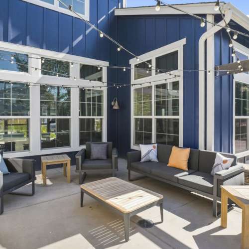 Outdoor seating area at Walker Landing in Aurora, Colorado,  