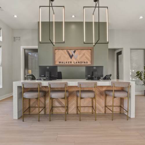 Club bouse with kitchen and seating at Walker Landing in Aurora, Colorado,  
