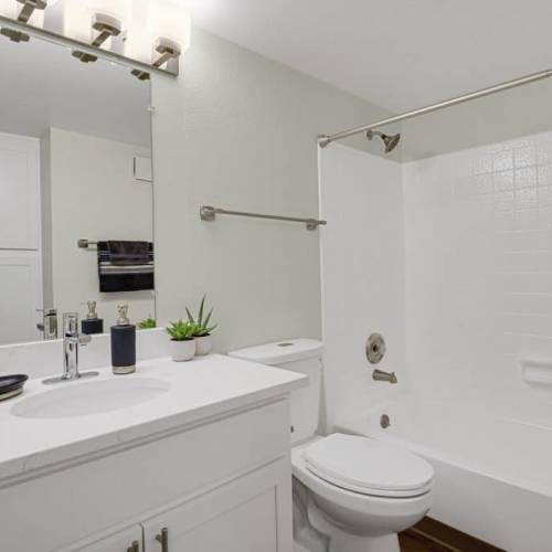 Bright bathroom with shower and tub at Walker Landing in Aurora, Colorado, 