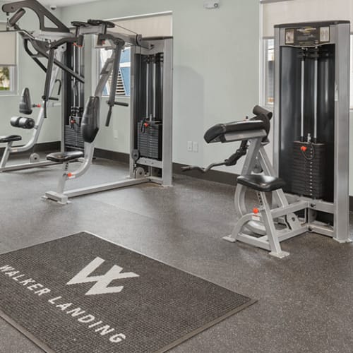 Free weight station in fitness center at Walker Landing in Aurora, Colorado,  