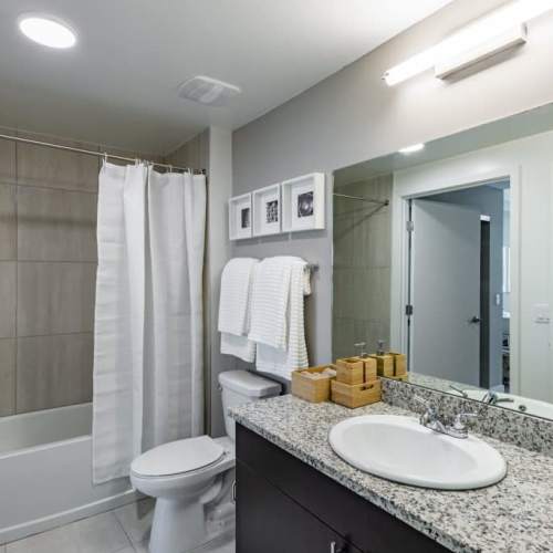 Bathroom with granite countertop and vanity mirror at Palm Beach Preserve in West Palm Beach, Florida 