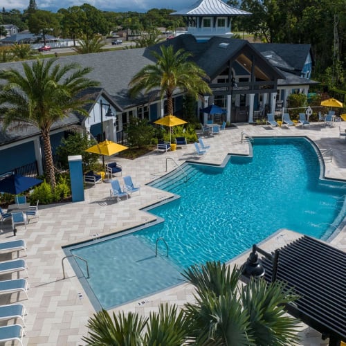 Aerial view of the community swimming pool at Integra Trails in Cocoa, Florida