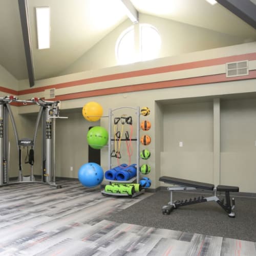 Exercise balls and wood floors in the fitness center at Ellington Apartments in Davis, California