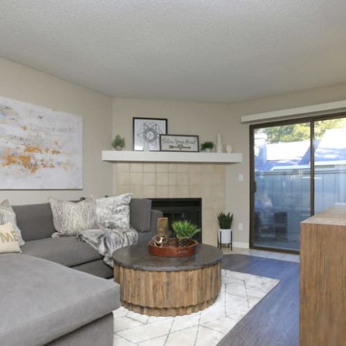 Living room with sliding glass door at Ellington Apartments in Davis, California