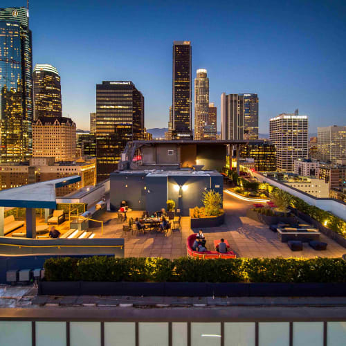 Rooftop lounge at dusk at Josephine DTLA in Los Angeles, California