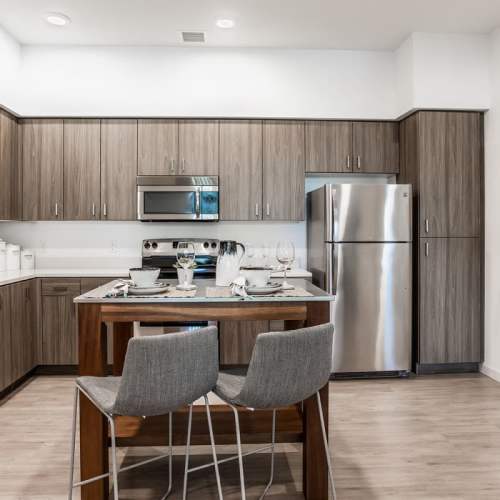 Stainless-steel appliances in kitchen at Ageno Apartments in Livermore, California