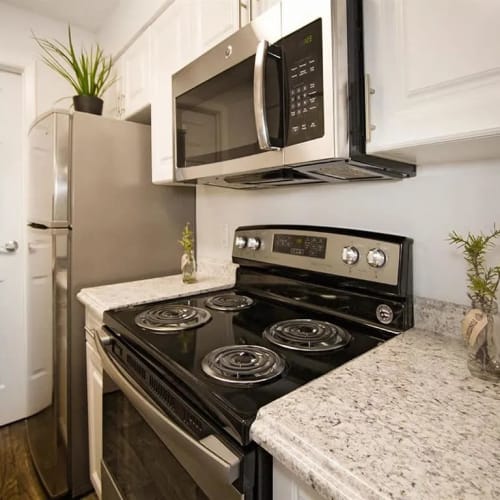 An electric stove in an apartment kitchen at The Granite at Porpoise Bay in Daytona Beach, Florida