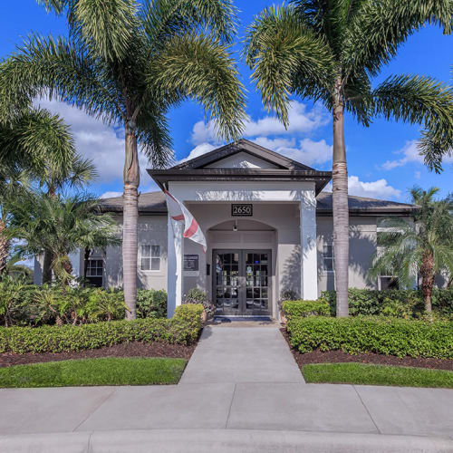 Exterior of the main entrance to the leasing office at Vero Green in Vero Beach, Florida