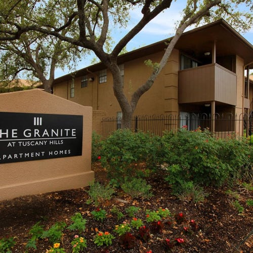 The main sign in front of The Granite at Tuscany Hills in San Antonio, Texas