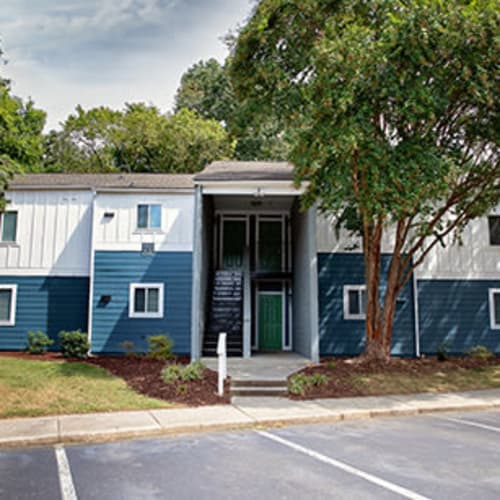 Exterior of an apartment building at Dwell at Carmel in Charlotte, North Carolina