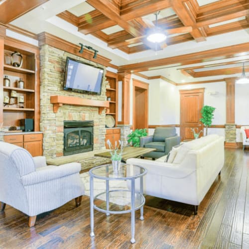 Fireplace in the clubhouse at The Lofts At Reynolds Village in Asheville, North Carolina
