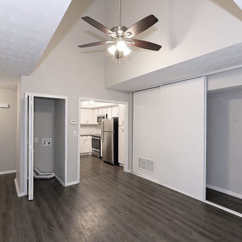 Wood flooring and a ceiling fan in an apartment bedroom at LaVista Crossing in Tucker, Georgia