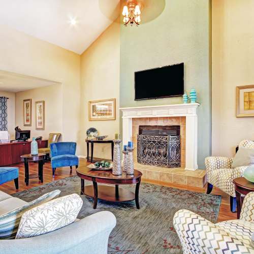 Fireplace in the clubhouse at The Flats on San Felipe in Austin, Texas