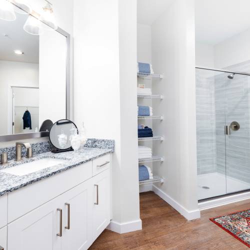Large bathroom with walk-in shower at The Station at San Marco in Jacksonville, Florida