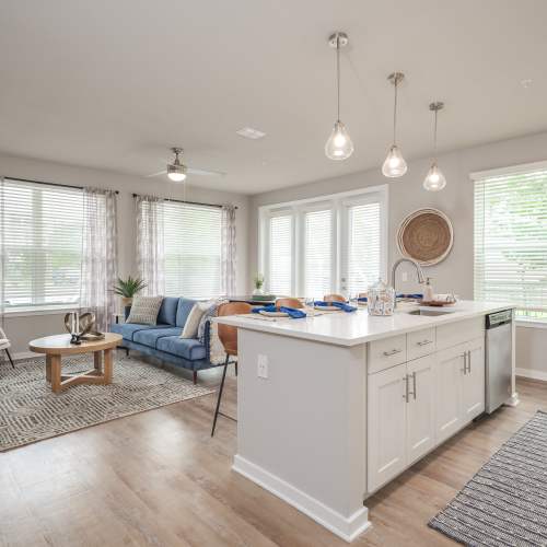 Kitchen and living room in a model home at The Residences at Enso in Jacksonville, Florida