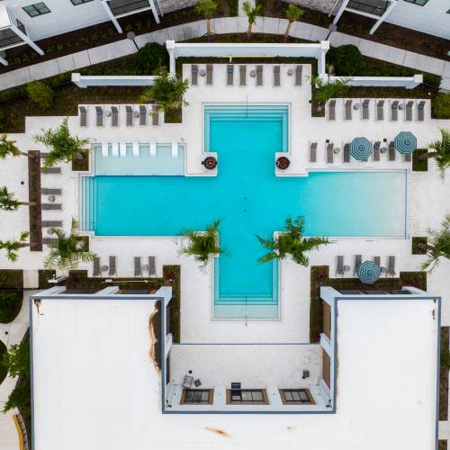 Top down view of our swimming pool and outdoor lounge at The Residences at Enso in Jacksonville, Florida
