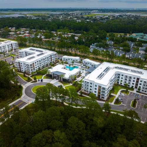 Aerial view of our complex and surrounding lush landscape at The Residences at Enso in Jacksonville, Florida