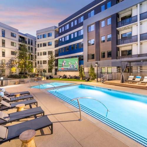 Deck chair around outdoor swimming pool at Reno Experience District in Reno,