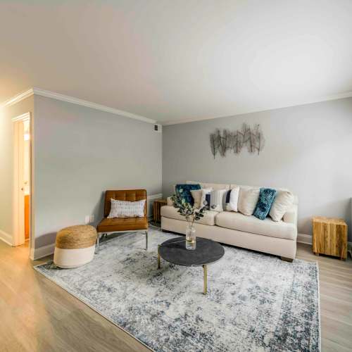 Spacious apartment living room at The Trails of North Hills in Raleigh, North Carolina