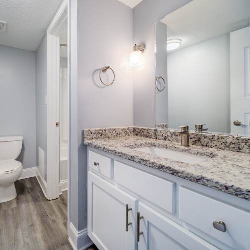 Apartment bathroom at The Trails of North Hills in Raleigh, North Carolina