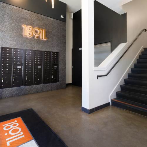 Mail boxes in the lobby at 1801L Apartments in Sacramento, California