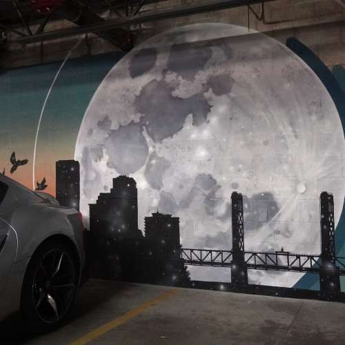 Mural in the parking garage at 1801L Apartments in Sacramento, California