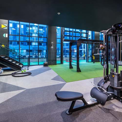 Cardio and weight lifting equipment in the fitness center at Reno Experience District in Reno,