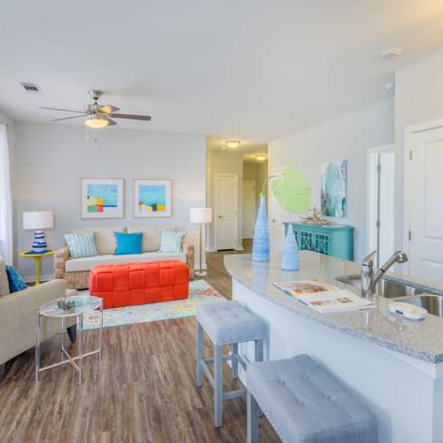 An apartment kitchen and furnished living room at Reserve at River Place in Youngsville, Louisiana