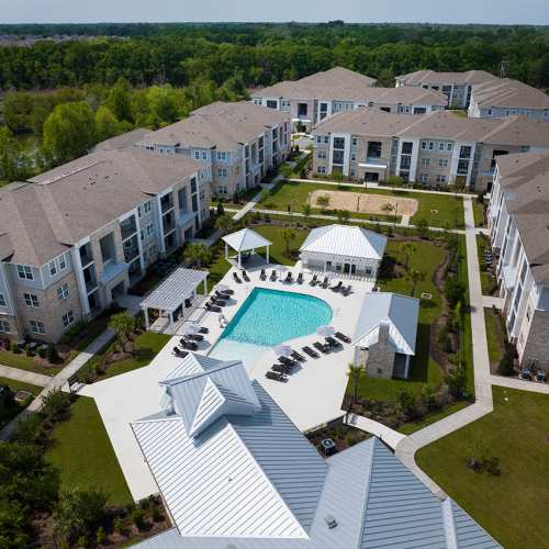 Aerial view of the community and pool at Reserve at River Place in Youngsville, Louisiana