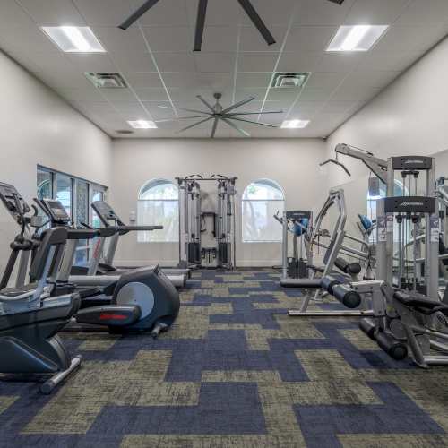 Full fitness center for residents to workout in at Crestone at Shadow Mountain in Phoenix, Arizona