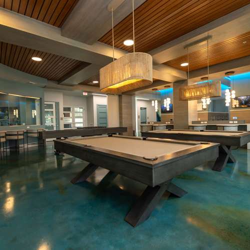 Billiards tables in the community clubhouse at Mallory Square at Lake Nona in Orlando, Florida