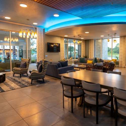 A ceiling fan in a furnished living room at Mallory Square at Lake Nona in Orlando, Florida