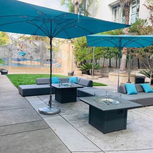 Courtyard lounge area at K Street Flats in Berkeley, California