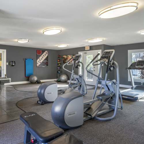 Well-equipped fitness center with proper lighting at The Halston in College Station, Texas, 