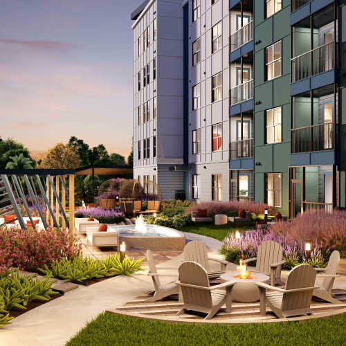 Exterior community seating area at Grande Pointe in Orlando, Florida