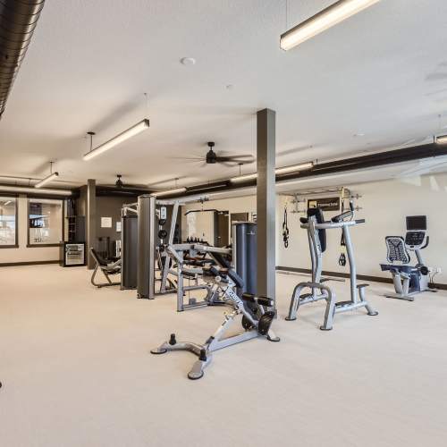 Equipment in the fitness center at Elevation @ County Line Station in Englewood, Colorado