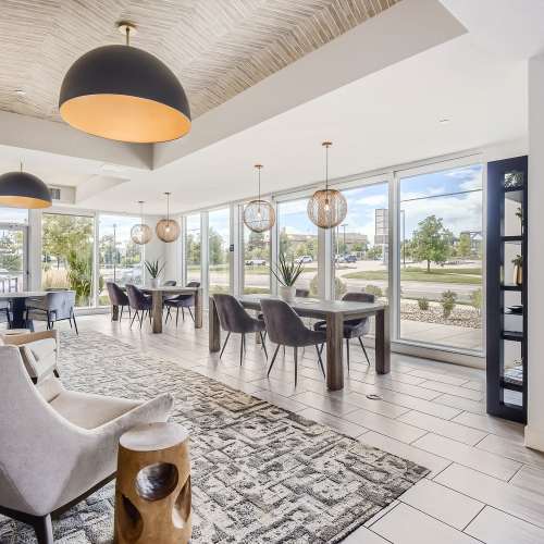 Work stations by bright windows at Elevation @ County Line Station in Englewood, Colorado