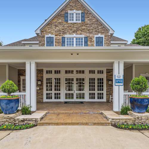 Outside the leasing office at Republic House at Frisco Bridges in Frisco, Texas