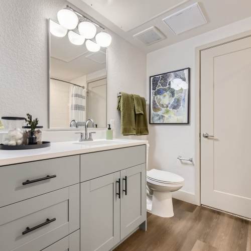 Moderfn finishes in an apartment bathroom at Sorella in Denver, Colorado